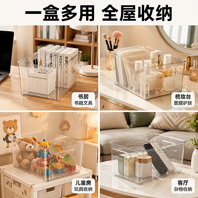 [主图-4] 桌面收纳盒多场景宫格适用场景图
[氛围风格] 抖音风格强视觉冲击 温暖家居感 多功能场景展示 生活方式感
[画质] 商业摄影质感 光线柔和通透 每个场景清晰真实 画面干净高级 超高清
[元素] 四宫格布局展示收纳盒在不同场景的使用 左上格 书房桌面场景 收纳盒放书籍和文具 背景有电脑和书架 右上格 梳妆台场景 收纳盒放面膜和护肤品 背景有镜子和化妆刷 左下格 儿童房场景 收纳盒放小玩具和积木 背景有卡通元素 右下格 客厅茶几场景 收纳盒放遥控器和杂物 背景有沙发靠垫 每个格子里的收纳盒外观（即物理结构 材质质感 透明颜色 带提手设计 底部条纹）都与输入产品图一致 杜绝任何变形和色差 精细化处理 宫格之间有细白边分隔 整体画面干净
[光影] 每个场景都有温暖的自然光 光线柔和 透明材质通透 整体光线统一 明亮干净
[配色] 主色调暖白+原木色 每个场景有各自的点缀色 整体和谐统一
[视角构图] 四宫格等分布局 每个格子都是45度斜侧视角 产品在每个格子中居中
[文字版式] 顶部通栏大字标题"一盒多用 全屋收纳" 黑色粗体无衬线最大号 居中排列 每个宫格右下角有小标签文字 左上「书房 书籍文具」右上「梳妆台 面膜护肤」左下「儿童房 玩具收纳」右下「客厅 杂物收纳」 白色底黑色字 圆角小标签 清晰不遮挡主体
[输出要求] 1:1比例 文字清晰锐利 画面超高清商业摄影质感
[负向提示词] 变形 文字错乱 产品图模糊 背景杂乱 水印 电商平台Logo 多余的手 畸形手 手部扭曲