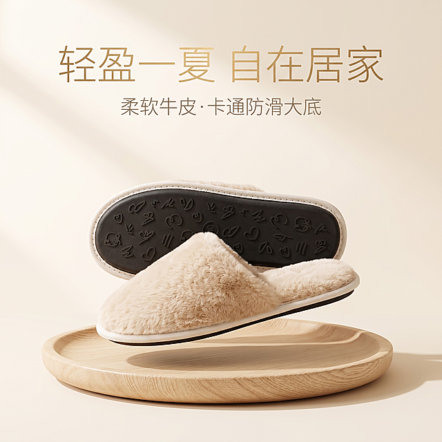 [主图-1] 产品首图，核心任务是完整展示40码夏季居家凉拖鞋的整体外观与高级质感，让用户一眼看清产品造型、材质与配色。
[统一基调] 简约轻奢极简留白风搭配自然治愈原木质朴风，暖米白奶油色大背景，大面积留白，柔和自然光与薄弥散阴影，温润哑光质感；标题为无衬线极简大字号纤细字距、鎏金烫金质感；副标题为细体小字、疏密对比排版；整体高级、松弛、治愈。
[画面] 画面中央一只40码夏季居家凉拖鞋微悬浮于浅色原木托盘上，侧放视角，完整展现黑色卡通防滑鞋底、米白柔软包边与白色毛绒内里。主体占比约65%，位于画面中下区域，上方与左右保留大量留白用于文字排版。原木托盘纹理细腻、边缘圆润，与拖鞋形成温润的材质呼应。严格还原上传的产品图，包括鞋底卡通纹路造型、米白包边缝线、白色毛绒纹理、颜色比例、鞋型轮廓等所有细节。
[光影质感] 柔和自然光从左上方斜射，拖鞋底部形成薄而均匀的弥散阴影，毛绒材质呈现蓬松柔软的哑光质感，鞋底黑色橡胶呈现细腻哑光纹理，包边布面有细微织物质感，整体光影温润不刺眼。
[配色] 背景暖米白奶油色为主，原木浅棕褐色点缀，拖鞋米白与黑色为主色，标题鎏金烫金色，副标题暖灰色细体。
[文字版式] 顶部留白处放主标题「轻盈一夏 自在居家」，无衬线极简大字号、纤细字距、鎏金烫金质感，居中对齐；主标题下方放副标题「柔软牛皮·卡通防滑大底」，细体小字、暖灰色、疏密对比排版，居中对齐；文字不遮挡产品主体。
[输出要求] 1:1正方形，2K高清，产品清晰锐利，文字清晰可读，整体高级松弛治愈；负向：变形、错字、模糊、杂乱、水印、平台Logo、多余装饰、颜色偏差、鞋底纹路错误、毛绒质感失真。