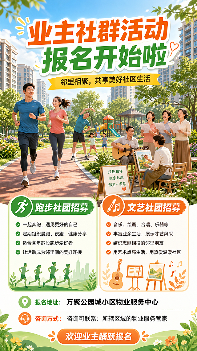 物业小区业主社群活动报名宣传海报，内容包含跑步社团、文艺社团招募，清晰标注报名地址是“万聚公园城小区物业服务中心”，咨询可联系“所辖区域的物业服务管家”，构图清晰分明，温馨社区风格，色彩明快活泼，重新创作不同画面