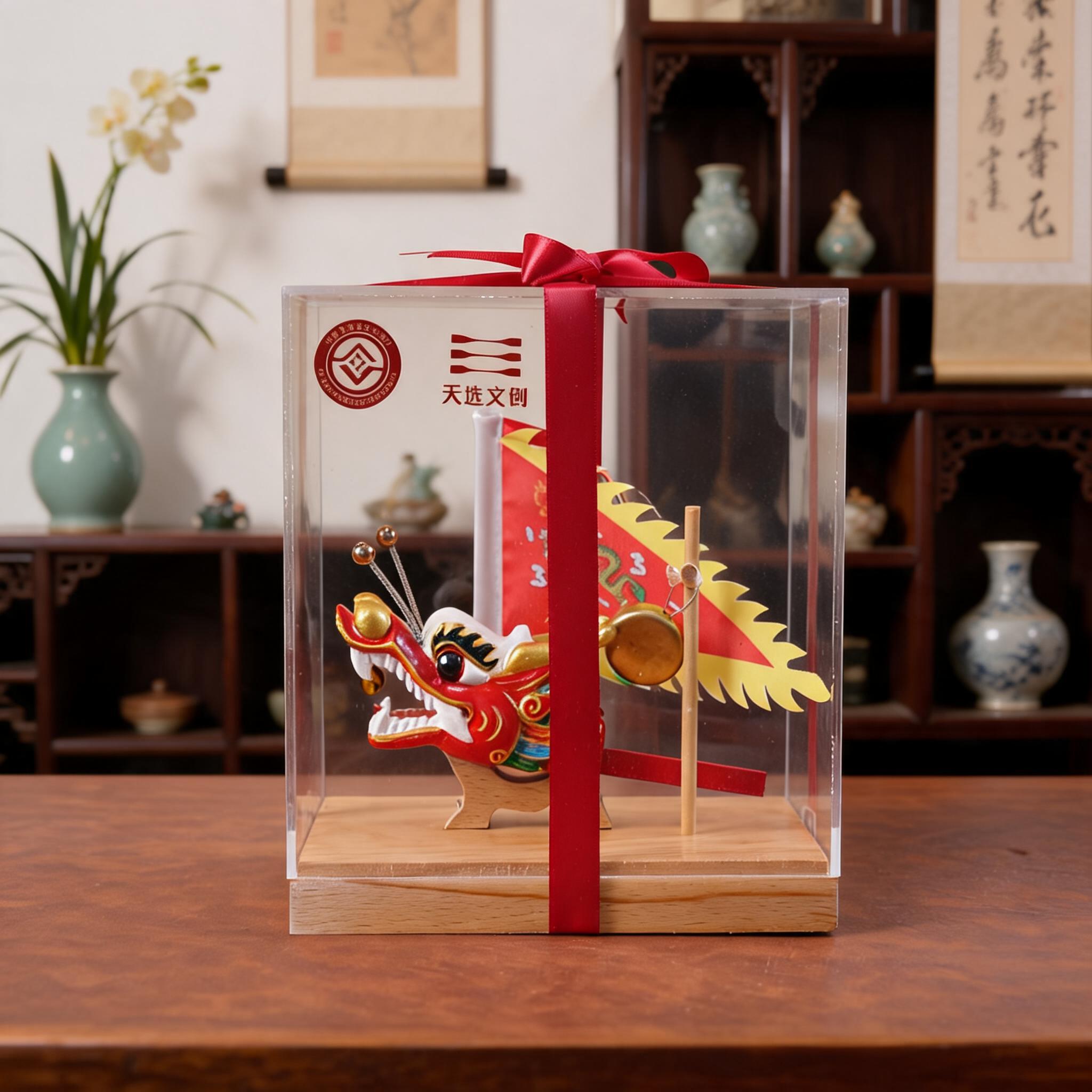将图中的中式龙头文创摆件（带透明礼盒、红色丝带、木质底座、龙旗… - 图片创意预览