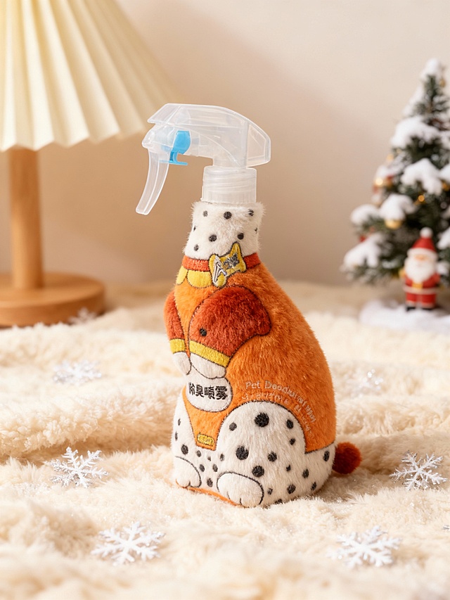 将图示商品变成毛绒绒质感，瓶身有精致刺绣文字与图案，还原商品颜色细节。放在米白色毛绒毯上（点缀雪花装饰），背景为台灯、积雪圣诞树摆件。