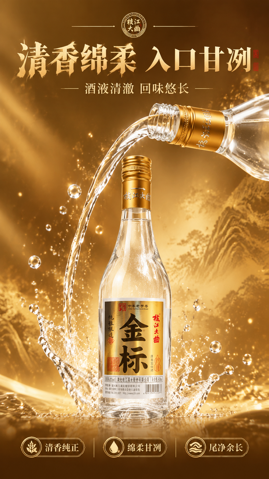 [商品] 使用【图1】枝江大曲金标白酒；保留透明玻璃瓶身、金色… - 图片创意预览