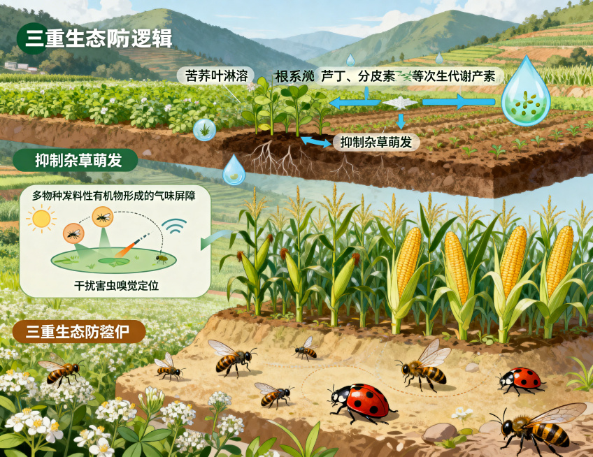 苦荞生态种植植保机制科普图，画面分层展示三重生态防控逻辑：上层展示苦荞叶片淋溶与根系分泌芦丁、槲皮素等次生代谢产物的过程，标注文字“抑制杂草萌发”；中层展示多物种挥发性有机物形成的气味屏障示意图，标注预览效果