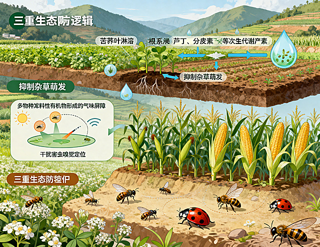 苦荞生态种植植保机制科普图，画面分层展示三重生态防控逻辑：上层展示苦荞叶片淋溶与根系分泌芦丁、槲皮素等次生代谢产物的过程，标注文字“抑制杂草萌发”；中层展示多物种挥发性有机物形成的气味屏障示意图，标注“干扰害虫嗅觉定位”，同时绘制玉米高大植株形成物理屏障阻挡害虫飞行；下层展示苦荞花期招引食蚜蝇、瓢虫、寄生蜂等天敌捕食害虫的场景。背景为立体套作的山地农田，整体风格清新自然，清晰呈现零农药生态植保的完整闭环，数据与机制标注准确严谨。