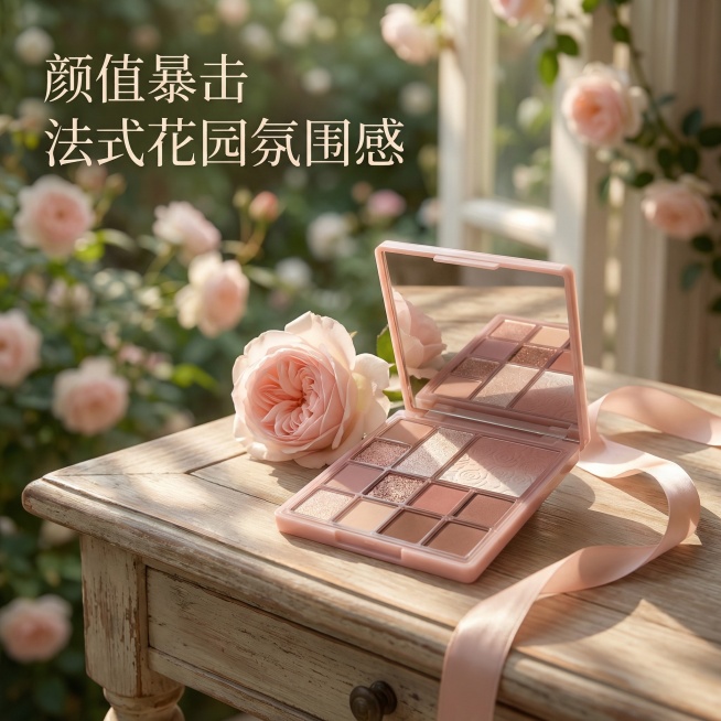 [主图 4] 颜值法式氛围感卖点展示，保留原眼影盘产品外观，将眼影盘放置在复古法式木质桌面上，旁边点缀一朵淡粉色玫瑰花和丝绸丝带，背景虚化营造花园氛围感，自然光透过窗户洒下温暖光斑，整体氛围浪漫温柔。预览效果