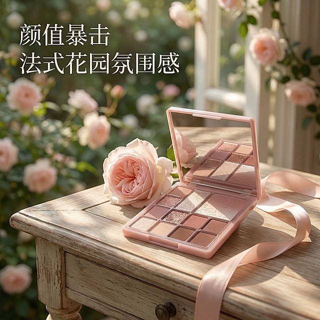 [主图 4] 颜值法式氛围感卖点展示，保留原眼影盘产品外观，将眼影盘放置在复古法式木质桌面上，旁边点缀一朵淡粉色玫瑰花和丝绸丝带，背景虚化营造花园氛围感，自然光透过窗户洒下温暖光斑，整体氛围浪漫温柔。文案标题“颜值暴击 法式花园氛围感”，字体纤细衬线体，放在画面左上角留白处，不遮挡产品主体，整体风格浪漫高级，1:1比例，2k分辨率。
