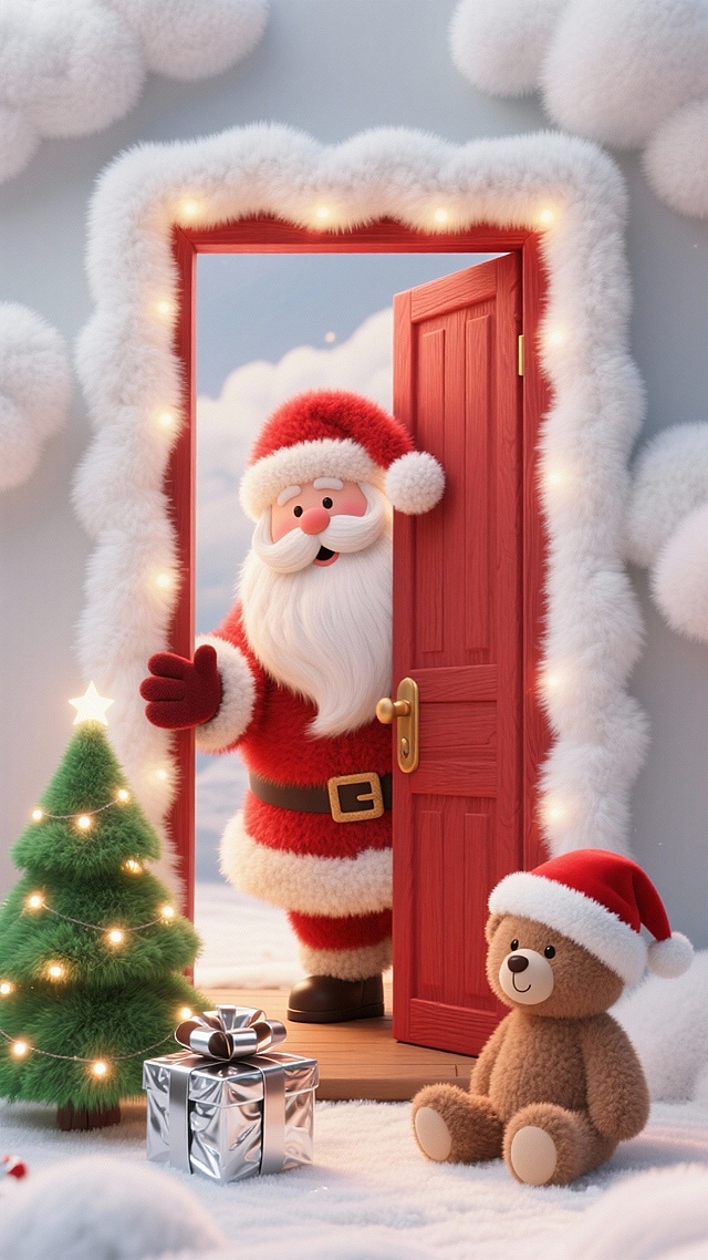 中间是镶白色毛绒边的酒红木门框，圣诞老人向内推门。门前放着亮灯的迷你圣诞树、裹银箔的巧克力礼盒、戴圣诞帽的小熊玩偶。背景是浅灰云层天空，地面有 “积雪” 覆盖的木栈道，散落红浆果。