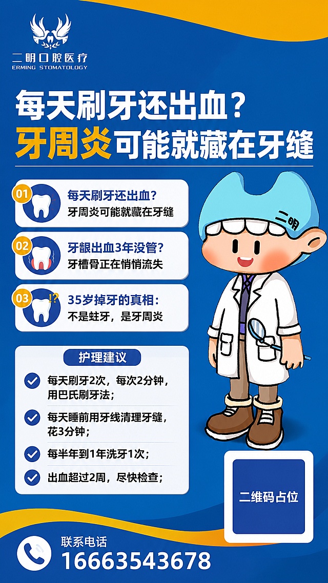 制作一份竖版口腔科普报纸海报，使用提供的蓝黄波浪背景作为整体画面背景，把卡通医生人物放在画面右侧，左上角放置二明口腔医疗logo，右下角放置公众号二维码占位（使用纯色方块占位符呈现，方块中央标注"二维码占位"文字，严禁生成任何可识别的二维码图案），完整呈现以下口腔科普文案：主标题"每天刷牙还出血？牙周炎可能就藏在牙缝"，要点①每天刷牙还出血？牙周炎可能就藏在牙缝；②牙龈出血3年没管？牙槽骨正在悄悄流失；③35岁掉牙的真相：不是蛀牙，是牙周炎，护理建议：✔每天刷牙2次，每次2分钟，用巴氏刷牙法；✔每天睡前用牙线清理牙缝，花3分钟；✔每半年到1年洗牙1次；✔出血超过2周，尽快检查，底部标注联系电话"16663543678"，画面风格专业简洁，清晰易读，专业医疗科普风格，4K分辨率，竖屏9:16，排版精美，所有文字清晰可读，数字精确渲染