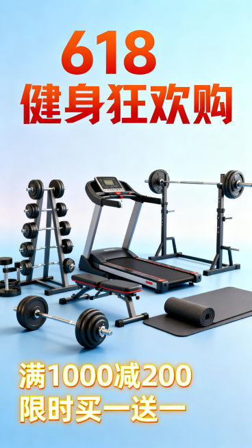 618健身器材促销活动竖版海报，展示多种专业健身器材，搭配醒目的大促优惠文案，色彩活力吸睛，现代电商风格预览效果