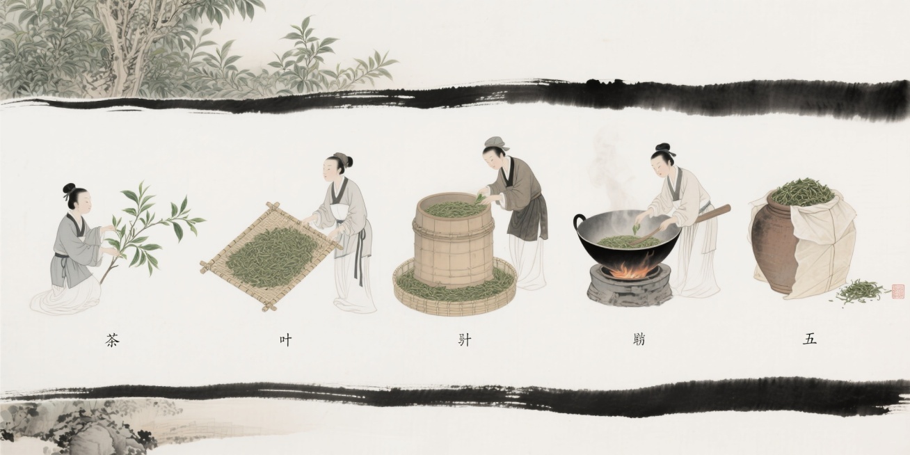 中国传统插画风格，大师绘画，毛笔笔触，墨迹单色，仿古色调，宋朝文化背景，人物装束统一为宋代服饰，展示茶叶制作的五个步骤：步骤一采茶（宋代茶农在茶园采摘嫩芽），步骤二晒茶（竹匾中摊晒茶叶），步骤三蒸茶（预览效果