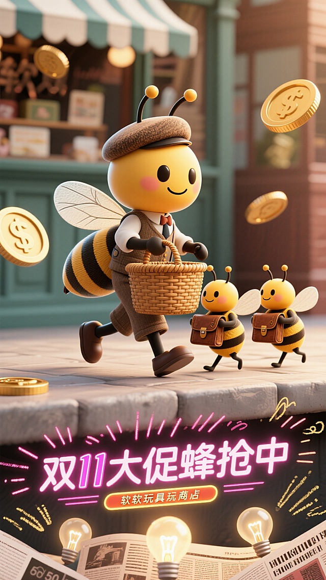 复古手绘报纸质感，带着复古贝雷帽的蜜蜂（身着老式百货店员服装）提着藤编购物篮迈步，3 只小蜜蜂抱着复古邮差包（包上露出红包角）跟随，背景用线条感的复古金币、手绘射线装饰，画面下方是老式灯泡点缀的复古霓虹灯字 “双 11 大促 蜂抢中”。