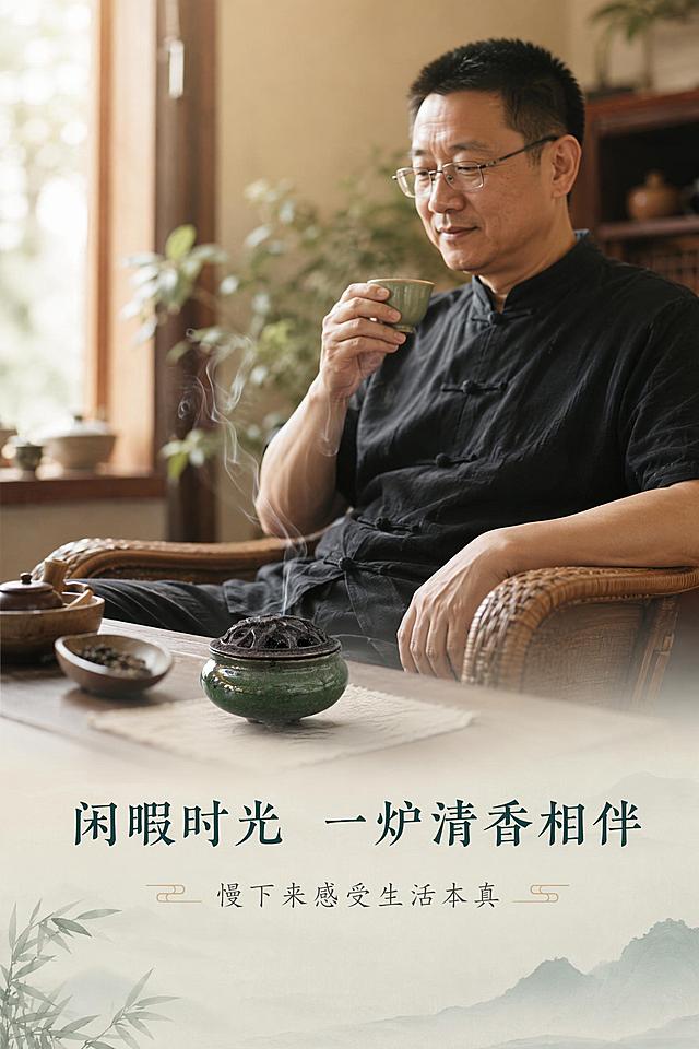 清新禅意国风电商详情页真人日常使用场景屏，竖版2:3比例，底色米白浅亚麻底色，搭配翡翠青绿、古铜暗金点缀，字体选用宋体、楷体，柔和雅致，无粗重字体。全屏人物场景大图，底部叠加半透明浅底色承载文案，文字简洁柔和。氛围感画面，清新治愈，侧重情绪表达，弱化产品推销感。中年男士坐在茶室藤椅上，静坐品茶，香炉放置身前茶台，青烟缓缓升起，整体画面暖调自然光，环境干净雅致，香炉作为画面核心点缀，人物状态放松悠然，没有刻意摆拍，还原真实日常使用画面。主标题文字：“闲暇时光 一炉清香相伴”，副标题文字：“慢下来感受生活本真”。