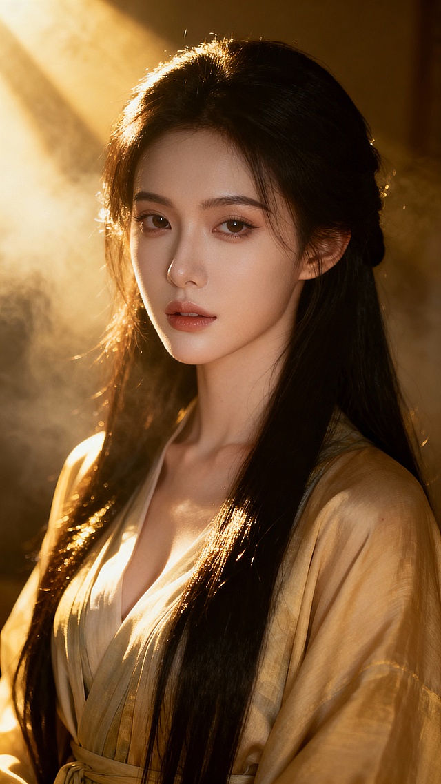 画面里是一位有着瓜子脸、冷白皮的妖冶少女，身着简单的古装睡衣，乌黑长发披肩，场景中带有丁达尔效应，图片比例为9:16。