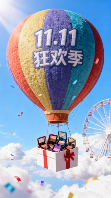 一个带有主体配色的大型热气球，吊篮为礼盒样式，礼盒里放着图中所有物品，气球上绣着“11.11 狂欢季”，背景展示高饱和蓝天、摩天轮、云朵、彩带等元素，营造出活泼、精致的氛围。预览效果
