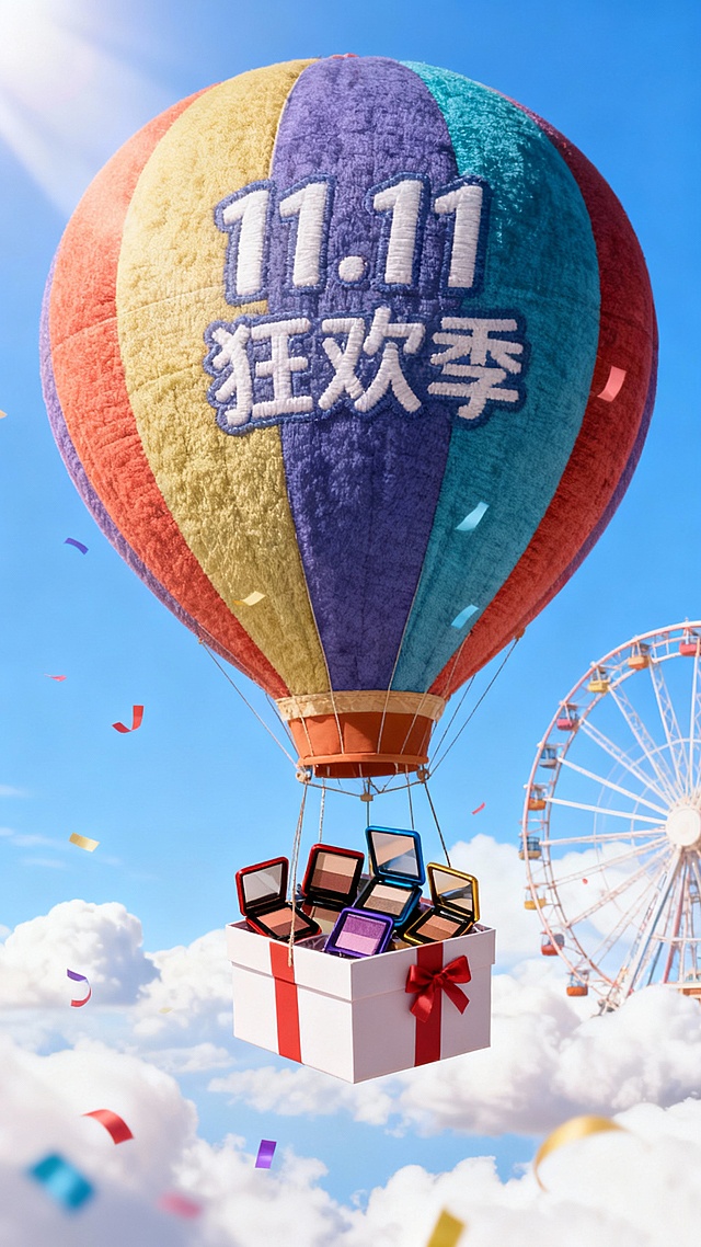 一个带有主体配色的大型热气球，吊篮为礼盒样式，礼盒里放着图中所有物品，气球上绣着“11.11 狂欢季”，背景展示高饱和蓝天、摩天轮、云朵、彩带等元素，营造出活泼、精致的氛围。