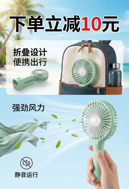 手持小风扇商品宣传图，产品为浅绿色折叠手持小风扇，突出折叠设计便携出行，特点是强劲风力、静音运行，促销信息“下单立减10元”预览效果