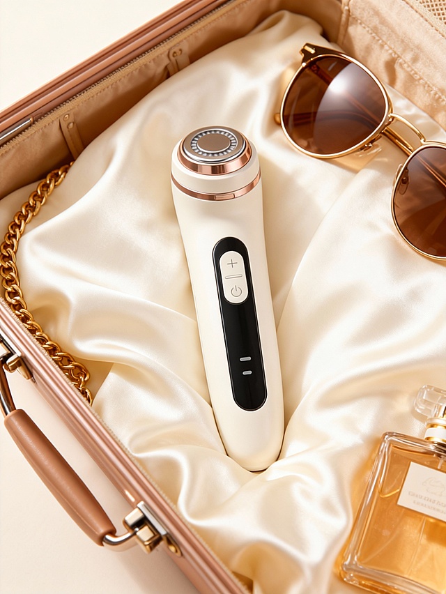 奢华精致的旅行美妆场景，整体配色以香槟金 + 奶白为主，色调高级柔奢；采用俯视近景视角，中心构图聚焦行李箱内的主体区域；场景包含浅香槟色行李箱（内衬奶白缎面布料）、金色链条墨镜、香水瓶；主体呈直立姿态，置于缎面布料中央，在画面中占比约 40%，与墨镜、香水瓶形成高端出行搭配关系；主体融入奢华旅行氛围，光线为柔和侧光 + 高光点缀，突出金属材质的光泽与缎面的柔滑质感，摄影风格为高端产品场景精修，细节细腻，氛围优雅贵气