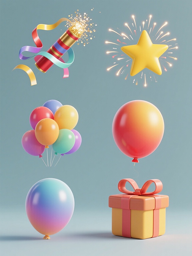 六个规整排布的3D立体素材，包含带有流动曲线和光泽质感的彩色拉花、飘逸的彩色彩带、正在喷射金色闪光的礼炮、绽放出黄色星形中心和红黄渐变光芒的烟花、圆润饱满的彩色气球、以及带有蝴蝶结装饰的礼盒，整体造型简约现代，采用纯色背景，无任何文字、logo和水印，具有平滑的3D渐变质感和柔和的光影效果，各元素之间保持均匀的空间分布和视觉平衡。