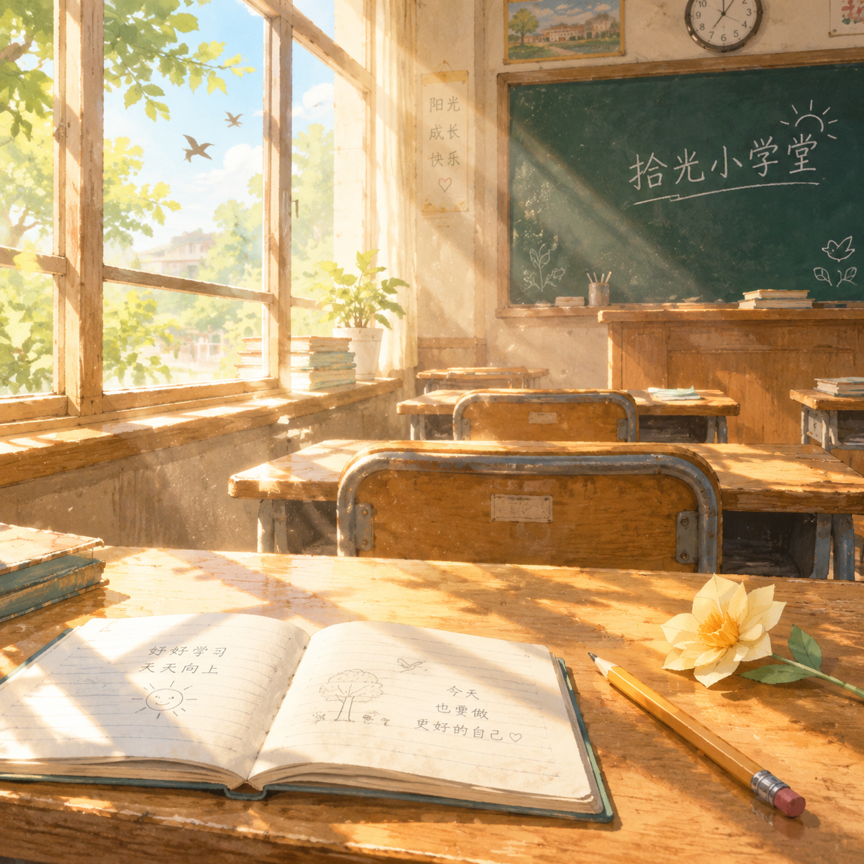 清晨治愈系插画：阳光透过玻璃窗洒进一间木质小学堂教室，金色光束… - 图片创意预览