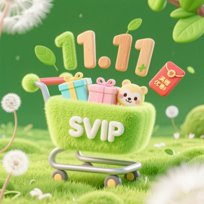 清新绿色 “SVIP” 购物车，内装浅蓝、浅粉、浅黄礼盒（带萌趣动物图案元素）、“11.11” 森系木质立体字，周围环绕绿叶形状红包、满赠优惠券，背景是清新草绿色，搭配漂浮的白色蒲公英，打造自然治愈的预览效果