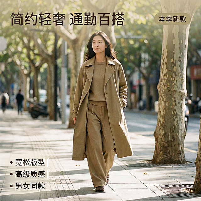 [垫图] https://gdesign-dam-hz.dancf.com/35973119319723063/30d1af8cd2c7464480ea129b077661cc.png
[主图主题] 卡其色简约大衣时尚街拍首图
[氛围/风格] 简约风，高级松弛感，自然街拍，柔和自然光
[画面元素] 原图同款亚洲女性模特身着卡其色长款大衣自然行走在梧桐林荫街道，主体完整居中，背景干净简洁，光影斑驳细腻，背景铺满全屏无边框，保持模特原有样貌穿搭完全一致
[配色色系] 主色调：卡其色（大衣），辅助色：绿色（树木），灰色（路面）
[视角构图] 平视，景深适中，主体占比约60%
[文字版式] 左上角主标题“简约轻奢 通勤百搭”，右上角卡其色圆角标签“本季新款”，左下角竖向排列卖点“宽松版型 | 高级质感 | 男女同款”，字体为无衬线体，深棕色，文字不遮挡主体和模特面部，整体布局简约舒适
[比例分辨率] 2k 分辨率