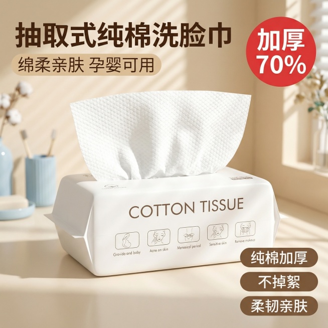 [主图 1] 洗脸巾首图，展示产品核心吸引力
[氛围/风格] 温馨舒适家居风，干净明亮自然柔光，清洁通透氛围感
[画面元素] 基于原图，保留抽取式纯棉洗脸巾产品包装完整，产品居中放大，背景为柔和浅米色预览效果