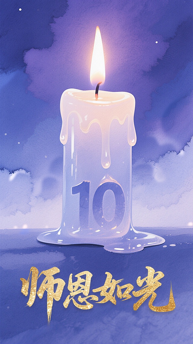 水彩风插画，烛光映衬梦幻感，金色文字“师恩如光”点缀，温馨节日氛围。