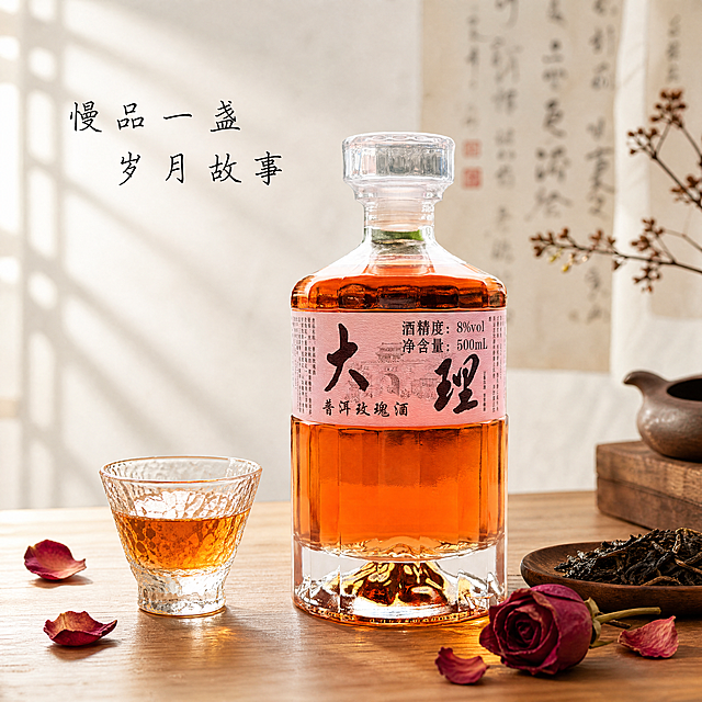[单张主图] 大理普洱玫瑰酒精修电商主图，高级氛围感新中式风格。
[画面主体] 单瓶大理普洱玫瑰酒居中放置，保持酒瓶上的所有字体（大字"大理"、小字"普洱玫瑰酒"、酒精度8%vol、净含量500mL）完全清晰，产品外观（切面玻璃瓶、透明玻璃瓶盖、琥珀色酒液、标签图案）与输入产品图绝对一致，杜绝任何变形和色差，精细化商业化精修处理提升整体质感和高级感。在酒瓶侧方搭配一个冰川纹玻璃烧酒杯，杯子中盛有和酒瓶同色的琥珀色酒液，保持杯子通透质感。旁边用普洱散茶和干玫瑰花作为点缀，背景悬挂浅灰色书法字画。酒瓶酒杯放置在简约台面，整体背景为新中式风格。商品主体占比约55%，产品完整不裁切。
[构图版式] 采用中轴诗意氛围型版式，产品居中偏下，文字放在左上自然留白，整体干净雅致。
[场景元素] 新中式简约浅调背景，搭配浅色木质台面承托产品；冰川纹烧酒杯、普洱散茶、玫瑰花、书法字画作为点缀装饰，元素分布自然和谐，不抢夺产品主体视觉。
[文案版式] 左上留白区域放置文案"慢品一盏 岁月故事"，采用适中大小黑色手写细书法字体，风格柔和不抢眼，不遮挡产品主体。
[光影质感] 整体使用柔和自然侧窗光，瓶身和玻璃杯有自然通透高光，琥珀色酒液呈现通透光泽，背景浅景深虚化，整体氛围高级宁静，光影层次丰富，暗部有细节，无过度锐化和廉价HDR。
[配色字体] 主色调为浅米白+暖木色，辅助色提取酒瓶酒液琥珀色和玫瑰红调，整体低饱和新中式高级感；字体为黑色手写细书法，字重克制，留白充足。
[比例分辨率] 1:1比例，4K分辨率，文字清晰可辨，画面超高清。
[负向提示词] 变形，水印，文字错乱，酒瓶字体模糊，产品主体遮挡，背景杂乱，错字，畸形结构，低清晰度