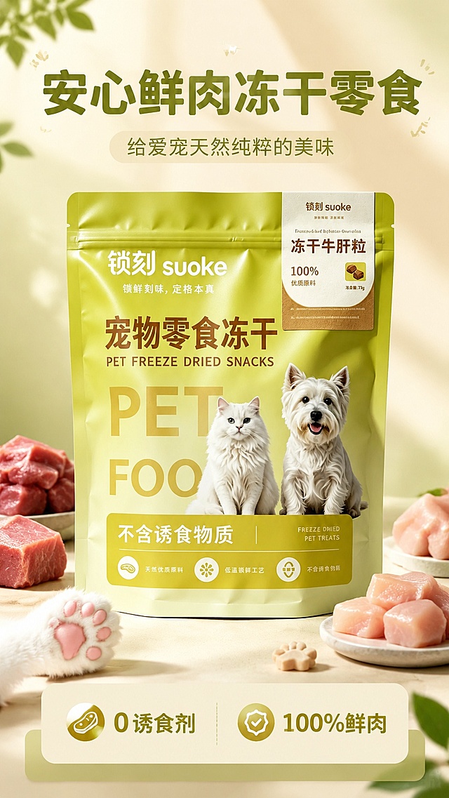 [第1屏] 详情页头图-宠物零食冻干主视觉宣传图。本屏使用【图1】作为商品主体。
[氛围/风格] 清新自然温馨风，暖调浅绿背景，商业宠物产品摄影质感，干净通透。
[元素布局] 产品包装置于视觉中心位置，占比约65%-70%；背景搭配柔和的浅米色光影，周围点缀少量新鲜鲜肉块和可爱猫爪装饰元素，产品包装的整体结构、颜色、文字信息与原图保持一致，保留原有包装品牌信息和产品名称。
[光影质感] 正面柔光打光，自然阴影衬托产品立体感，整体明亮通透，包装纹理清晰可见。
[配色色系] 全局底色 #FAF7E8，主色浅绿暖黄搭配，辅助色深棕文字，自然清新色调统一。
[视角构图] 正面平视，产品为绝对视觉中心，阅读动线从上至下，标题→产品→底部卖点区。
[文字版式] 顶部主标题「安心鲜肉冻干零食」，副标题「给爱宠天然纯粹的美味」，圆角加粗字体居中展示；底部信息条标注核心卖点「0诱食剂 100%鲜肉」，图标搭配文字排版整齐，不遮挡产品主体，文字清晰可辨。
[比例分辨率] 9:16竖版比例，4K分辨率，文字清晰可辨，高清画质。
[负向提示词] 包装变形，文字错乱，产品缺件，颜色偏差，背景杂乱，水印，产品模糊，结构错误
