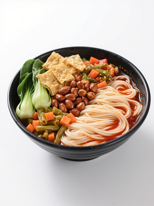 超写实美食摄影风格，白色背景下的黑色陶碗特写，碗内盛放多种面条的精美拼盘，左侧翠绿的新鲜小油菜，金黄酥脆的炸腐竹，中间饱满的棕色花生，橙红色的酸豆角与胡萝卜丁，右侧是浸在红亮汤汁中的顺滑米粉，整体色彩丰富明快，光影柔和自然，突出食材的质感与新鲜感，展示拌面、炒面、汤面、蒸面四种面条的不同形态与配料组合，画面层次分明，视觉焦点集中，营造出诱人的美食氛围。