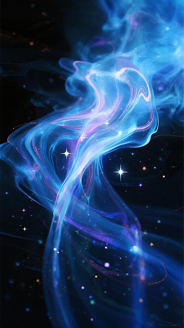深色背景上，以蓝色和紫色为主色调的流动光效艺术，带有发光的星云和闪烁的星星点缀，呈现出飘逸、梦幻、神秘的氛围，光效形态如同灵动的火焰或烟雾般自然流动，色彩过渡柔和且富有层次感，整体画面充满动感与奇幻色彩，具有数字艺术的平滑质感和细腻光影表现。