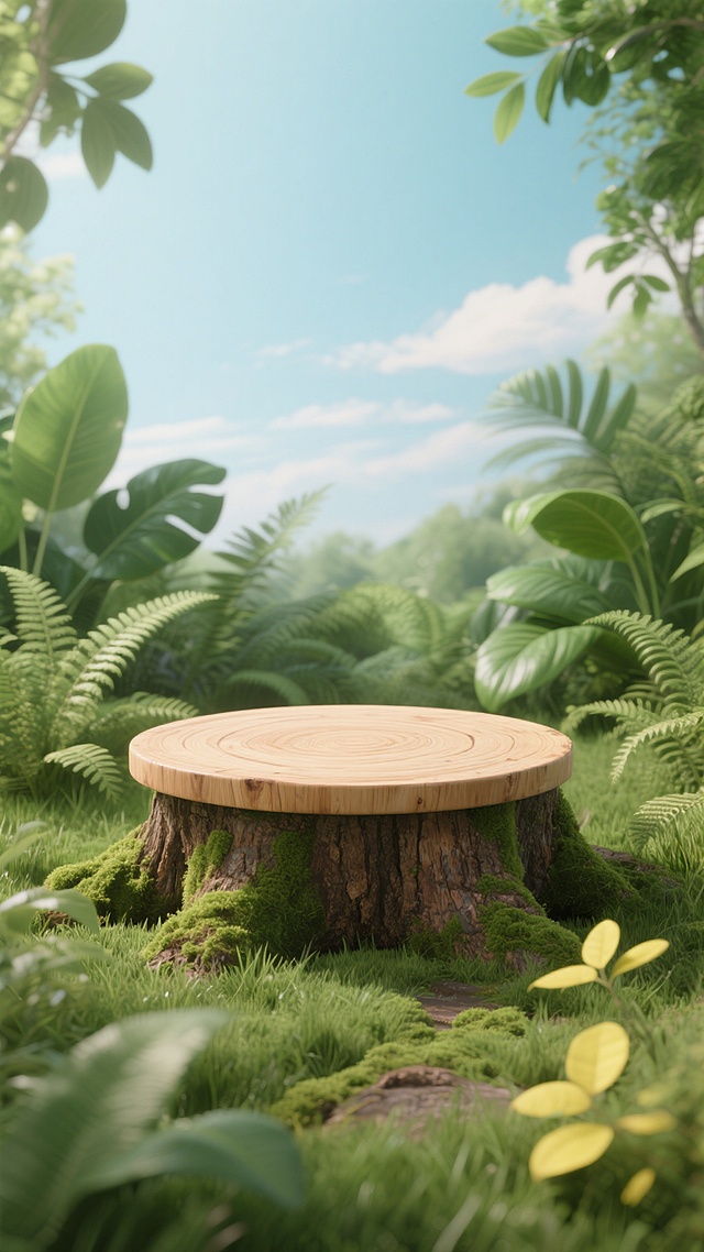 超写实3D渲染风格的自然场景背景，柔和明亮的顶光照射，营造清新宁静氛围。画面中央是圆形木质平台，表面光滑有清晰自然木纹，边缘略带磨损质感，平台下方为覆盖翠绿苔藓的土褐色树桩底座。树桩周围环绕茂密绿色草丛、形态各异的蕨类植物、宽大的绿色叶片及几片点缀其间的嫩黄色叶子。前景和背景有虚化的绿色植物形成自然边框，上方是纯净的浅蓝色天空，飘着几缕淡淡的白云，整体色彩和谐统一，充满生机与自然美感，适合作为展示平台或产品背景。