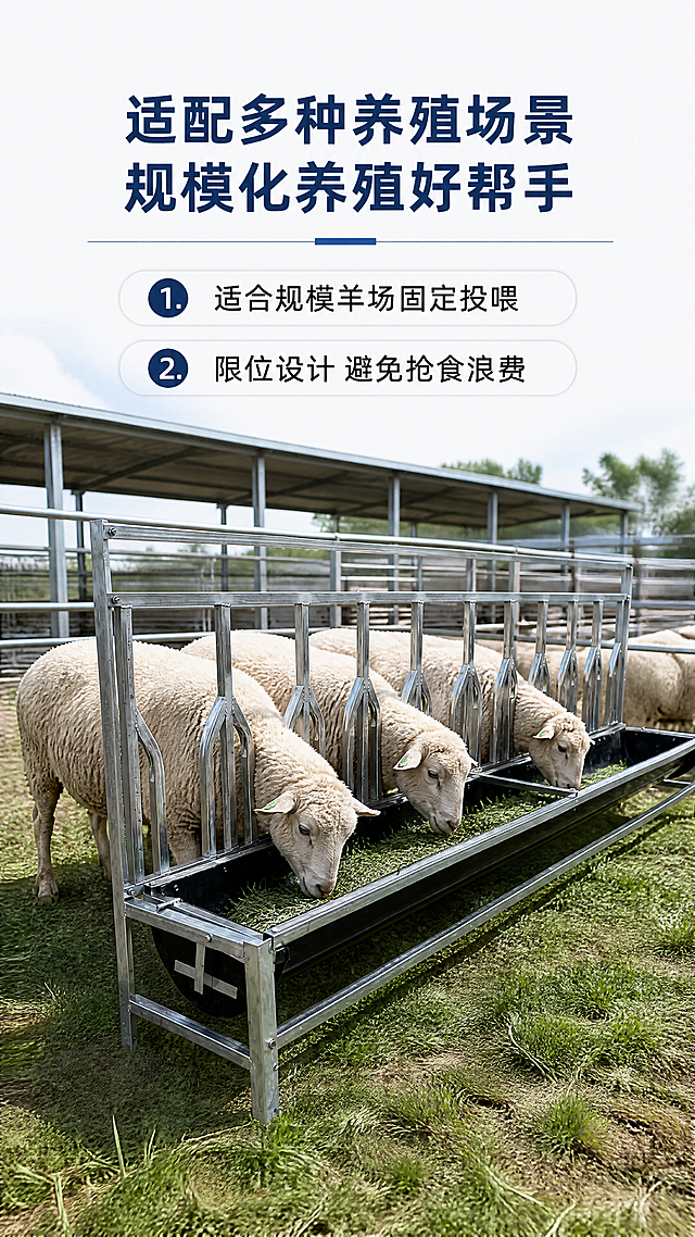 [新增1屏] 适用场景展示页-羊槽在规模化养殖场使用场景展示。
[氛围/风格] 真实农牧场景风格，自然明亮，展示产品实际使用效果，专业可信。
[元素布局] 本屏使用【图1】作为产品主体，将羊槽整体展示在现代化羊舍围栏内，周围有干净的草地环境，几只羊正在羊槽处低头采食，保持羊槽产品的结构、颜色、尺寸比例和原图完全一致，产品作为核心主体占画面60%区域，场景自然融合不突兀。
[光影质感] 自然户外日光照明，光线均匀，产品金属轮廓清晰，场景光影自然，整体通透真实。
[配色色系] 全局底色：#F8F8F8（浅白）；主体产品：银灰框架+黑色食槽；场景以自然草地绿色、羊舍灰色调为主；文字为深蓝色和黑色。
[视角构图] 横向场景展示，产品在画面中下部，上部预留标题位置，景深适中，真实自然。
[文字版式] 顶部主标题「适配多种养殖场景 规模化养殖好帮手」深蓝色加粗居中，下方两个卖点信息条：「1. 适合规模羊场固定投喂」「2. 限位设计 避免抢食浪费」，文字清晰不遮挡产品主体。
[比例分辨率] 9:16竖版比例，4K分辨率，文字清晰可辨，超高清。
[负向提示词] 产品变形，结构错误，颜色偏差，产品与场景融合不自然，文字遮挡主体，羊造型怪异，背景杂乱，水印。