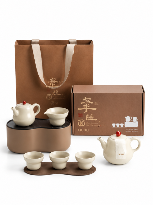 生成一张电商详情图，展示茶具套装包装，包含外礼盒手提袋，整套茶具摆放，简约白底产品展示风格，保留壶如书法字体设计和棕色包装配色预览效果