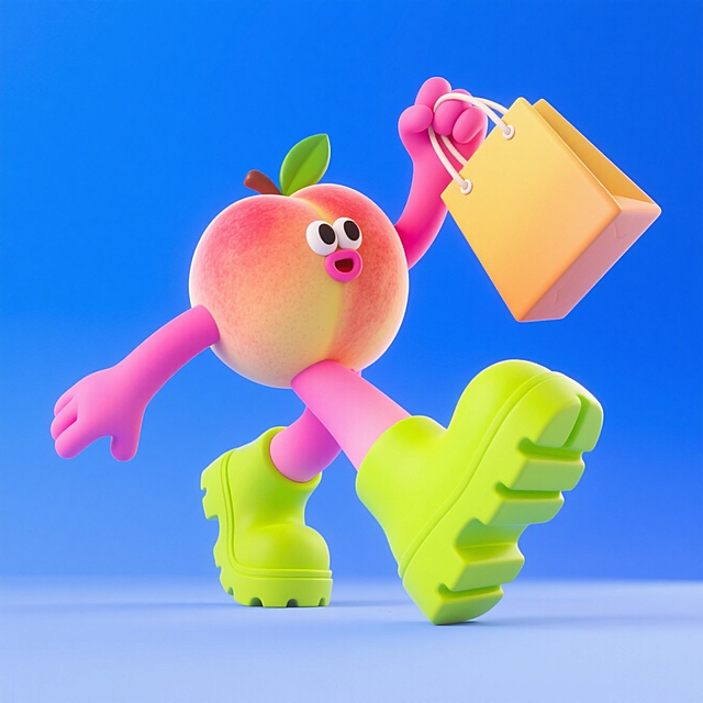 拟人的粉色的桃子在逛街，手提购物袋，背景是蓝色。