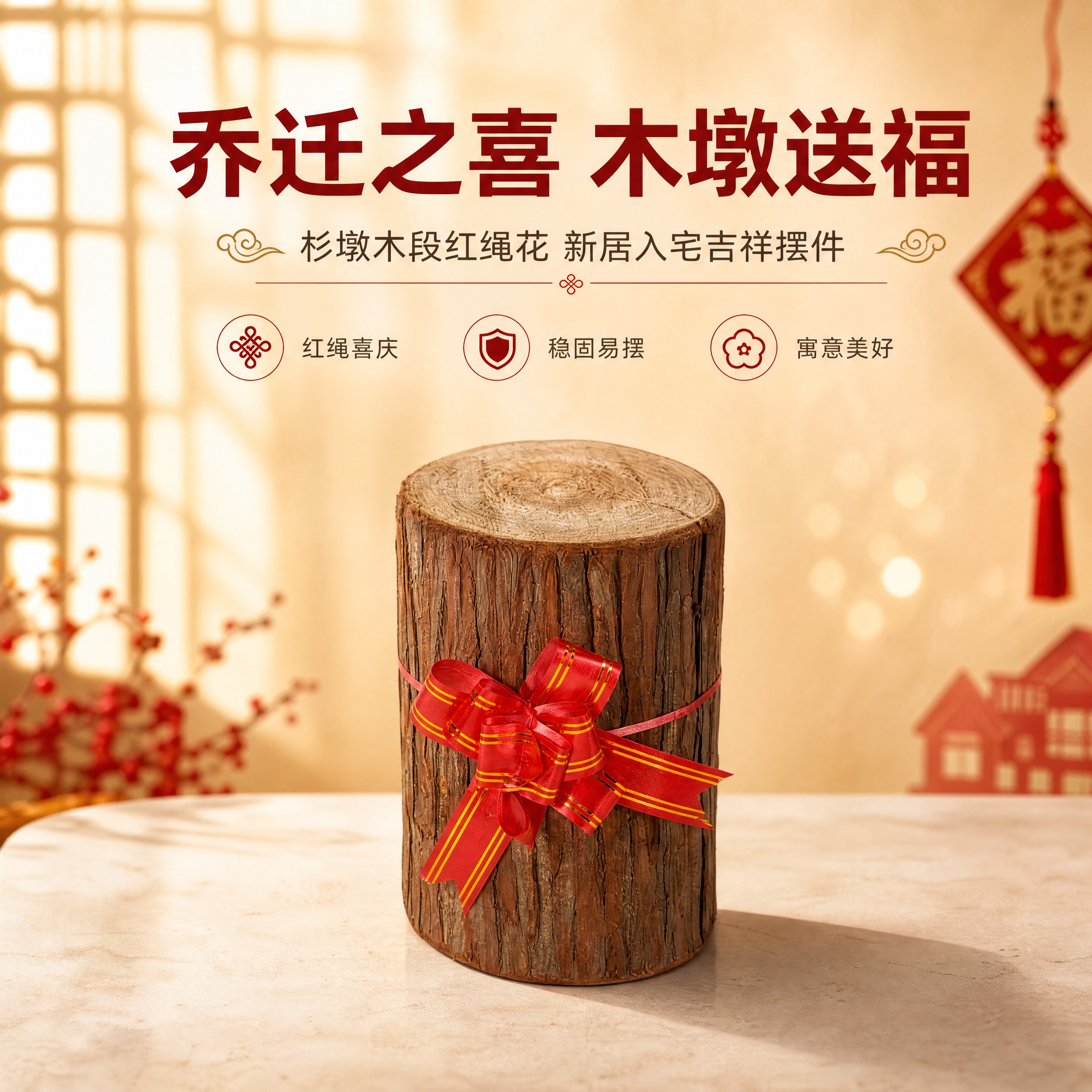 [商品] 使用【图1】杉墩木段配红绳花乔迁摆件；保留杉木段圆柱… - 图片创意预览