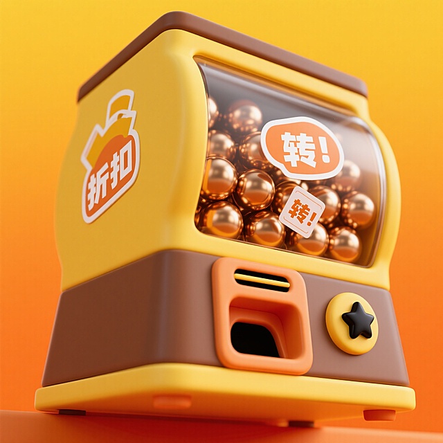 软3D风格的卡通扭蛋机，黄色机身搭配“折扣”标识，金色球体与“转！”气泡文字强化促销感，整体呈现可爱、活泼的节日氛围。