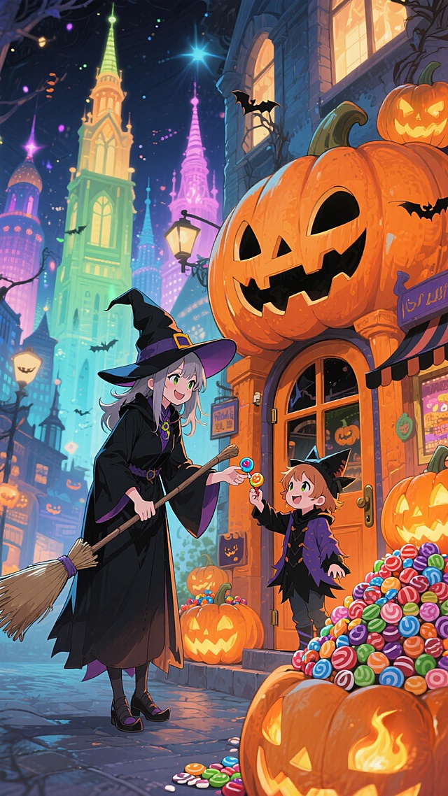 女巫给万圣节装扮的小朋友送糖果，南瓜造型的店铺，周围有南瓜灯、糖果等元素装饰，背景是充满奇幻感的都市建筑，万圣节氛围
