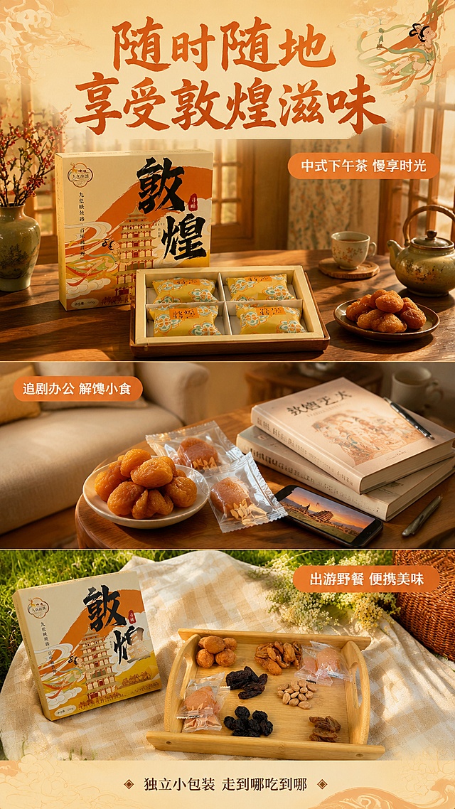 [第6屏] 场景种草-多场景食用时刻展示。本屏使用【图1】礼盒、【图2】果干作为产品主体。
[氛围/风格] 生活方式场景感，温馨治愈，敦煌国风+现代生活融合，商业摄影质感。
[元素布局] 画面采用三段式竖拼场景布局，上段：中式下午茶场景，木桌上摆着盲盒礼盒+茶杯+杏干小碟，阳光透过窗棂，敦煌风窗帘/屏风背景，占比约35%；中段：办公室/追剧场景，沙发旁小几上放着拆开的独立小包装果干+手机/书本，温馨居家感，占比约30%；下段：户外野餐/出游场景，草地格子布上摆着盲盒和果干（参考【图2】野餐氛围），阳光明媚，占比约35%；每段场景中产品清晰可见。
[光影质感] 每段场景各自有自然光源，上段暖黄窗光，中段柔和室内光，下段明亮户外阳光，整体统一温暖色调。
[配色色系] 全局底色 #F5E6C8（米黄敦煌色）；主色 #E67E22（敦煌橙）；辅助色 #8B4513（土褐）、#8FBC8F（户外绿）。
[视角构图] 三段竖拼构图，阅读动线上下午茶 → 中居家 → 下户外，每段配场景标签。
[文字版式] 顶部大标题「随时随地 享受敦煌滋味」，书法黑体敦煌橙色；上段标签「中式下午茶 慢享时光」，中段标签「追剧办公 解馋小食」，下段标签「出游野餐 便携美味」；每段标签为橙底白字圆角胶囊形；底部一行小字「独立小包装 走到哪吃到哪」。字色：主标题橙，标签白字橙底，正文深褐。
[比例分辨率] 9:16 竖版比例，4K分辨率，文字清晰可辨，高清画质。
[负向提示词] 产品变形，场景杂乱，水印，文字错乱，颜色偏差，人物出现。