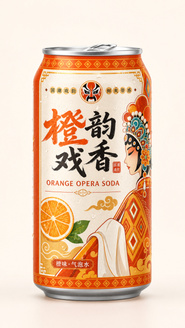 根据这个瓶贴生成全包围易拉罐立体图，只展示正面，隐藏配料表和公司信息，保留戏曲国潮风格，橙子味汽水主题预览效果