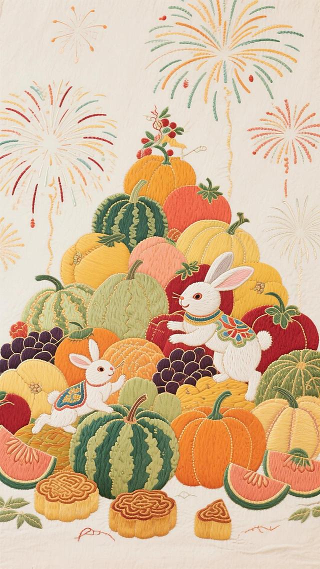 刺绣风工笔画，拟人化玉兔穿梭于瓜果堆中，融合中式元素与卡通感，烟花点缀喜庆氛围，传递中秋佳节的可爱与祥和。
