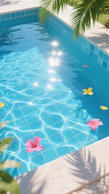 从泳池底部向上仰望的视角，清澈碧蓝的池水，池壁由整齐排列的浅蓝色瓷砖铺成，阳光透过水面形成明亮的光斑和波光粼粼的水波纹，水面漂浮着几片鲜艳的粉色和黄色花瓣，池边边缘点缀着翠绿的棕榈叶阴影，营造出夏日午后宁静而清新的泳池氛围，高清晰度，写实主义风格，光影对比柔和，色彩明快通透。预览效果