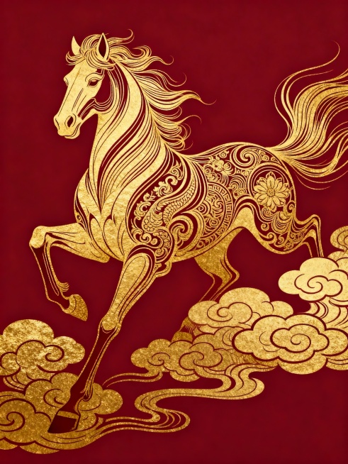 主体为金色马形与传统祥云纹结合，延续中国新年元素，背景为酒红色。融合索尔·巴斯的动态线条设计，马形线条带有流动感；James Jean的神话插画风格体现在祥云纹的精细装饰上，整体风格统一且富有叙事性，预览效果
