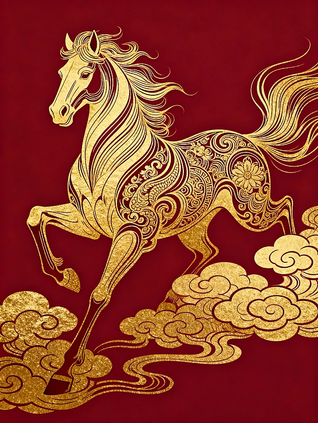 主体为金色马形与传统祥云纹结合，延续中国新年元素，背景为酒红色。融合索尔·巴斯的动态线条设计，马形线条带有流动感；James Jean的神话插画风格体现在祥云纹的精细装饰上，整体风格统一且富有叙事性，