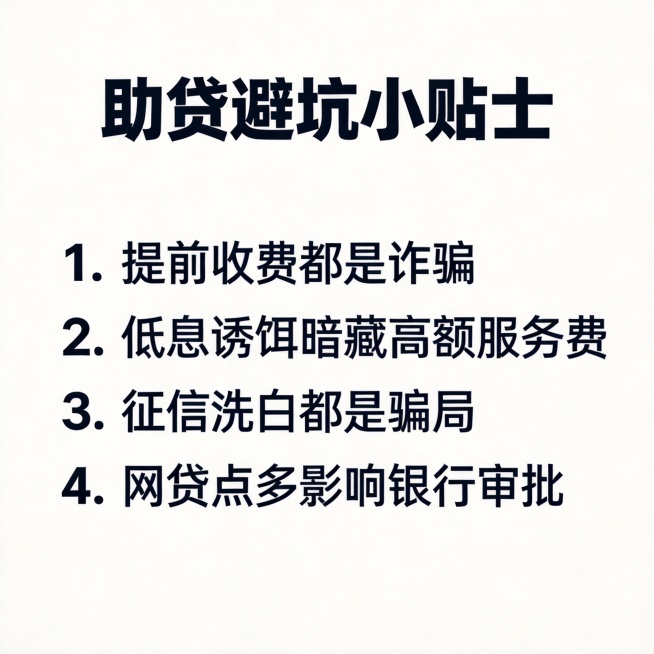 1:1正方形简洁金融避坑小贴士图文，纯白色干净背景，深色黑色文字排版，标题加粗显示"助贷避坑小贴士"，正文分点列出常见贷款陷阱：1. 提前收费都是诈骗 2. 低息诱饵暗藏高额服务费 3. 征信洗白都是预览效果