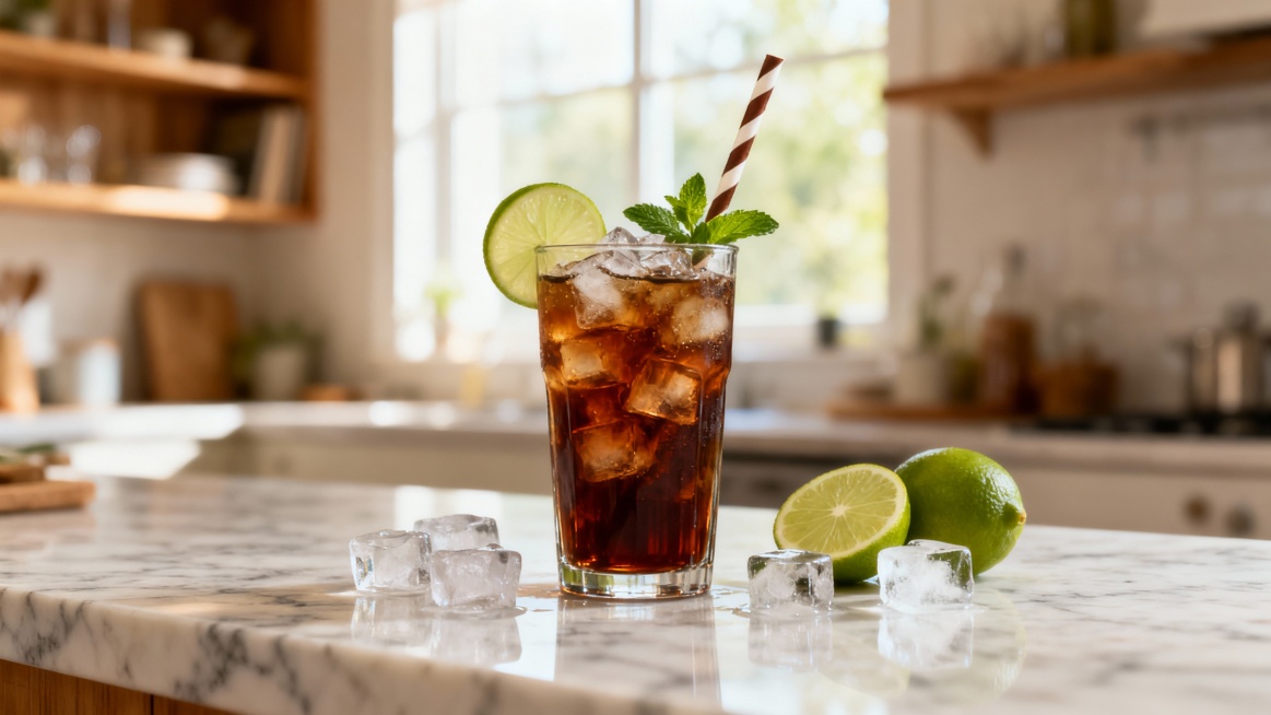 根据这个场景和色调生成类似场景图 ： 图一玻璃杯放置了一杯常温水  图二展示了一杯冰镇饮料，杯中是深棕色的液体，里面有大量冰块，杯口装饰着一片青柠和几片薄荷叶，还有一根棕色条纹吸管斜插其中。杯子周围散预览效果