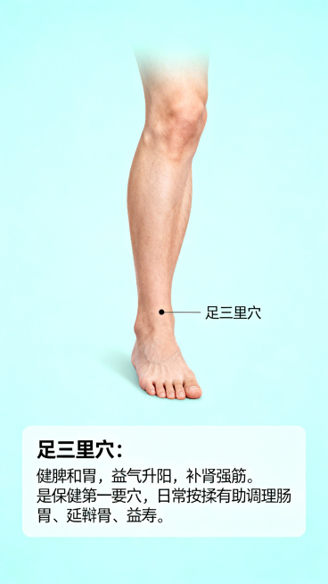 朋友圈养生科普图片，展示足三里穴的位置，配有清晰标注和养生功效文字说明"足三里穴：健脾和胃，益气升阳，补肾强筋。是保健第一要穴，日常按揉有助调理肠胃、延年益寿。", 整体风格简洁清新，适合养生品牌传播预览效果