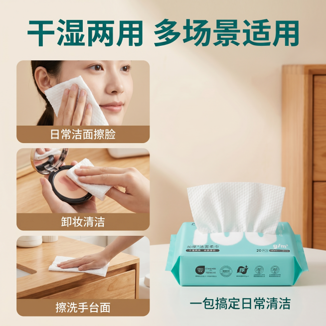 [主图 4] 多场景适用展示主图，突出多用性
[氛围风格] 温馨生活场景风，拼多多电商风格
[画质] 商业摄影质感，光线柔和通透，产品清晰真实，画面干净高级
[元素] 整包青绿色包装洁面柔巾放置在画面预览效果