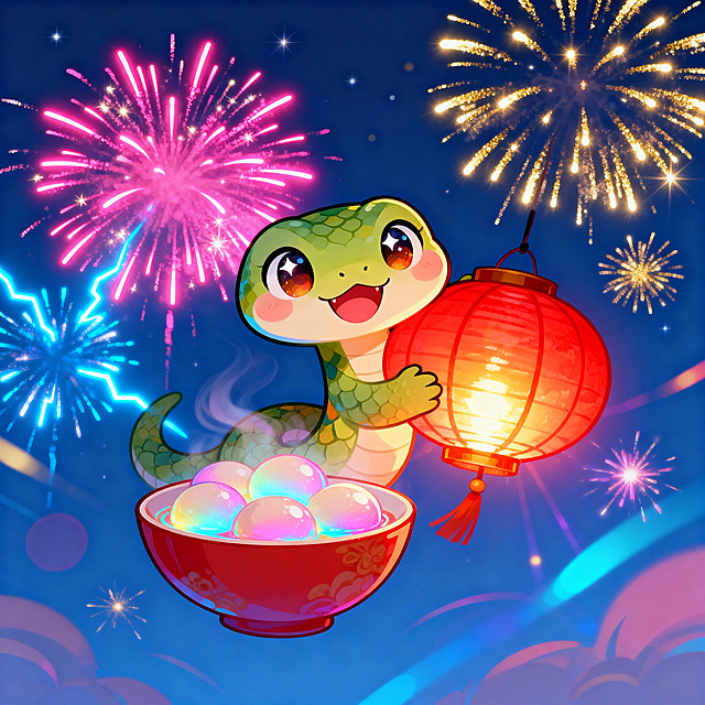 A festive Chinese National Trend illustration for the Lantern Festival. The main character is an ultra-cute, chibi-style cartoon snake with an exaggeratedly round head, two huge sparkling eyes, and a big friendly smile. The snake is playfully hugging a large glowing red lantern. In front of it floats a bowl of glowing, pastel-colored Tangyuan. The background is a deep blue night sky filled with brilliant, glowing fireworks in neon pink, electric blue, and gold. Enhanced with dynamic light effects and lens flare, making the colors pop. The style is flat vector art, vibrant saturated colors, national tide aesthetic, clean lines, 8k resolution.