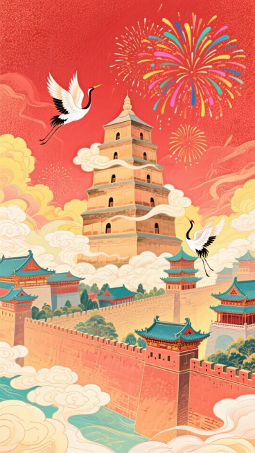 大雁塔、传统古建筑群、城墙为主体，搭配仙鹤、祥云、烟花等装饰，背景以红色为底色，带有纹理质感，整体色调为红、黄等清新且富有中国风的色彩。预览效果